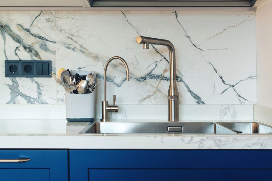 Modern Kitchen Interior. New Sink And Modern Tap In Stylish Kitchen. Clean Kitchen Sink, Close Up.